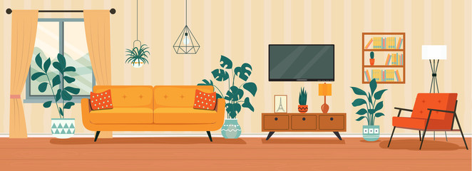  A cozy living room that has furniture, a flat screen tv, and some potted plants.