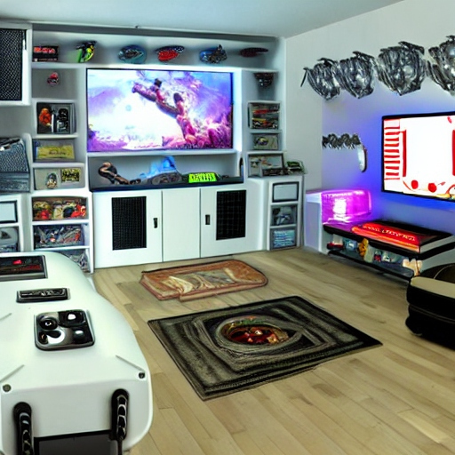  a room in the game portal full of game controllers, a huge tv screen, and a gaming computer setup. 