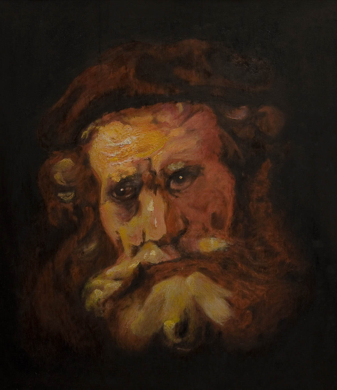 oil painting of the head of an old man with a full beard and mustache